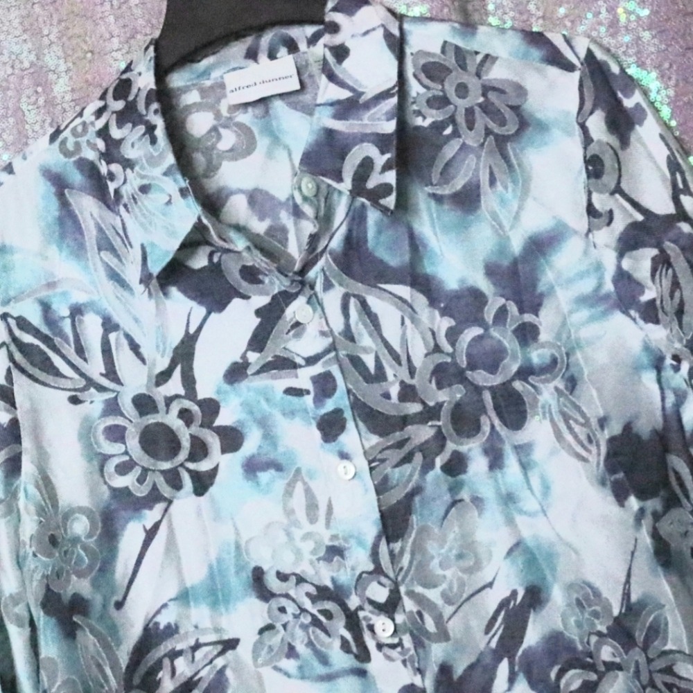Blue White Button Down 18 Alfred Dunner Women Sheer Floral Vintage Blouse